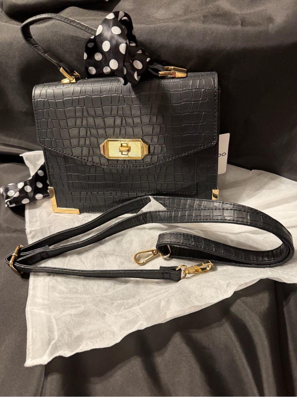 NWT ALDO Black Croc-Embossed Top Handle Satchel & Crossbody Bag with Polka Dot S